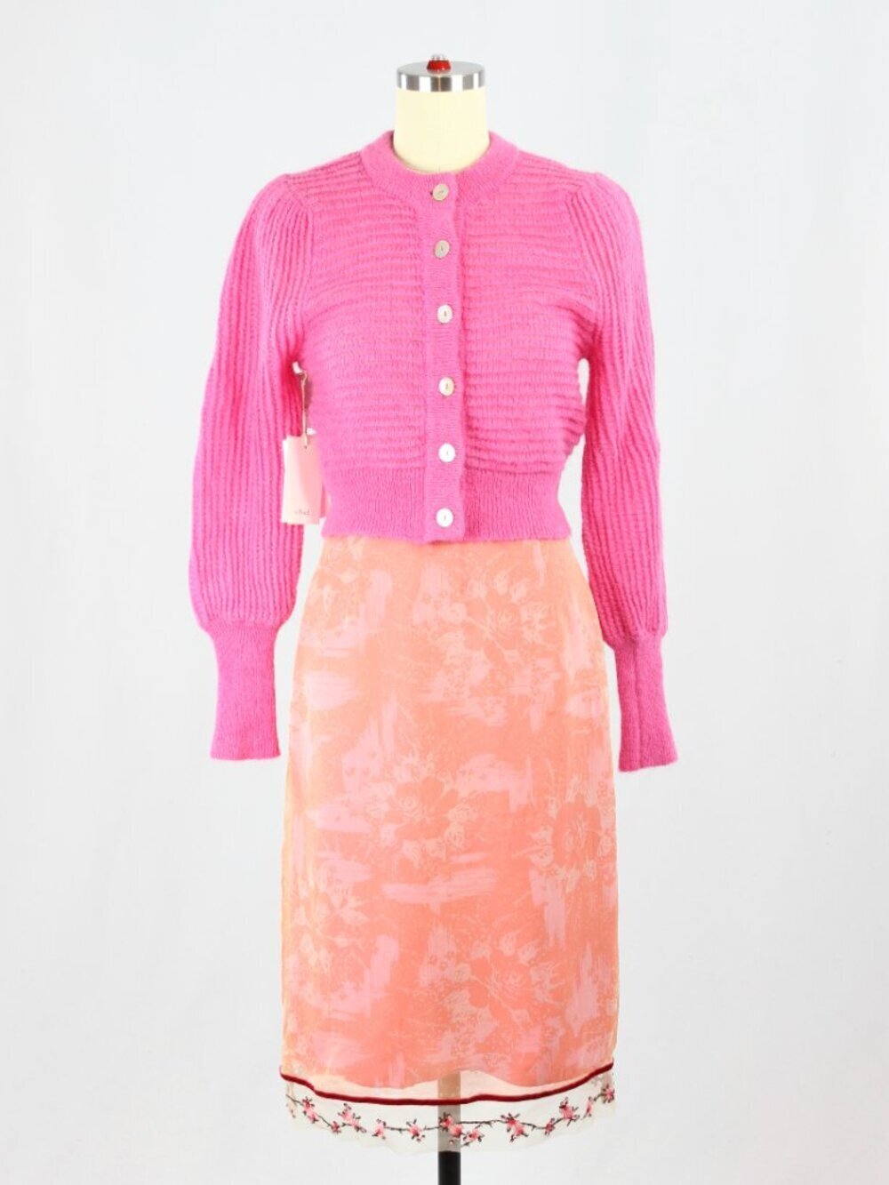 REBECCA TAYLOR Pink Floral Silk Chiffon Beaded Embroidered Pencil Skirt Size XXS